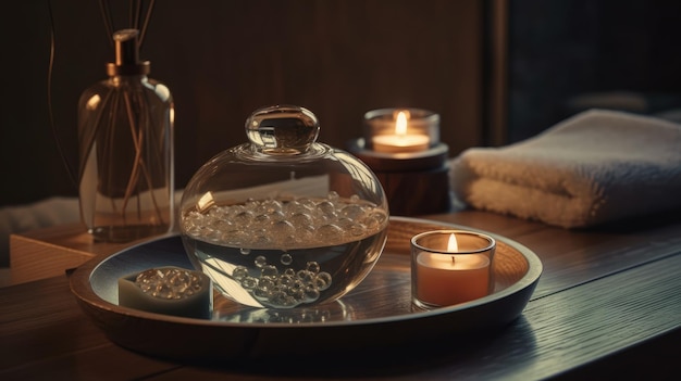 Una candela e una ciotola di vetro d'acqua siedono su un vassoio davanti a un portacandele.