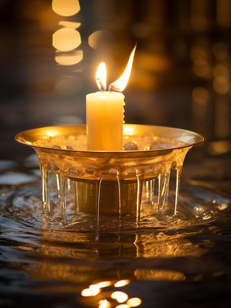 una candela in una ciotola di vetro con acqua e una candela dentro.