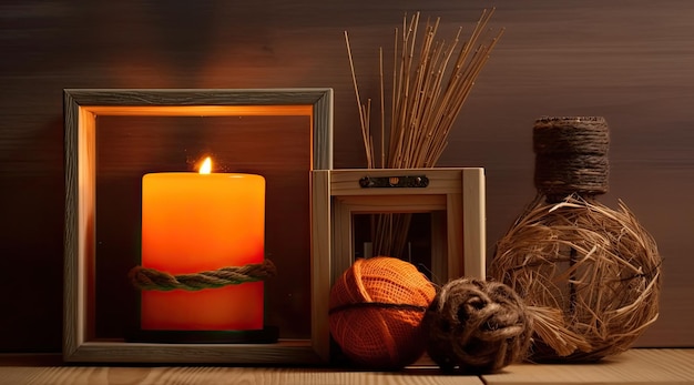Una candela in una cornice accanto a una scatola di legno con dentro una candela.