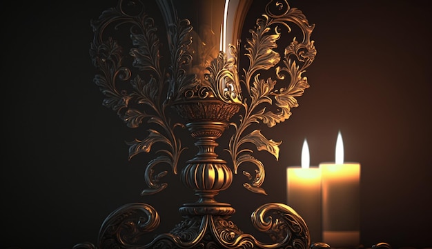 Una candela in una stanza buia con una candela sullo sfondo.