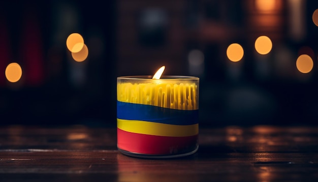 una candela sfocata sullo sfondo della bandiera della Repubblica di Colombia