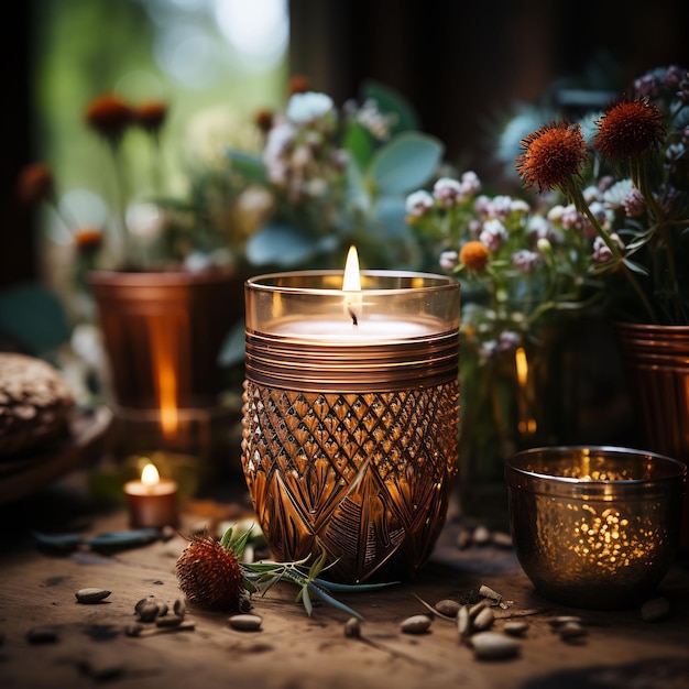 una candela su un tavolo con fiori e candele