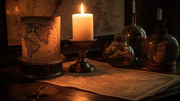 Una candela su un tavolo con sopra una mappa del mondo