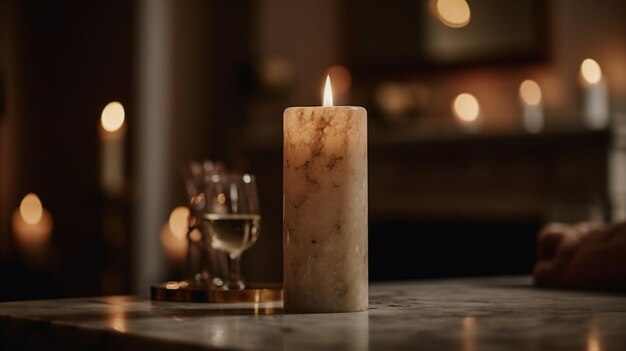 Una candela su un tavolo con un bicchiere di vino sullo sfondo