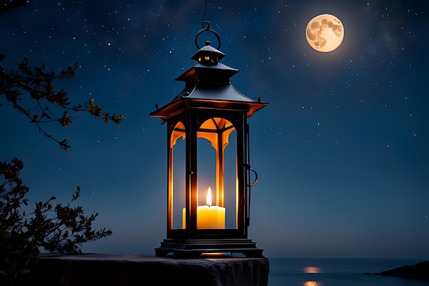 una candela su una lanterna con una luna piena sullo sfondo