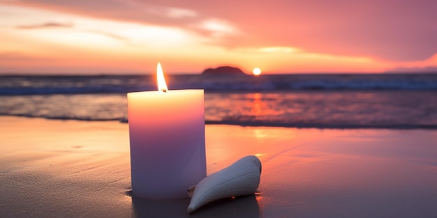 Una candela su una spiaggia con un tramonto sullo sfondo