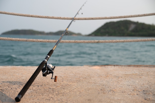 Una canna da pesca con sfondo mare, pesca.