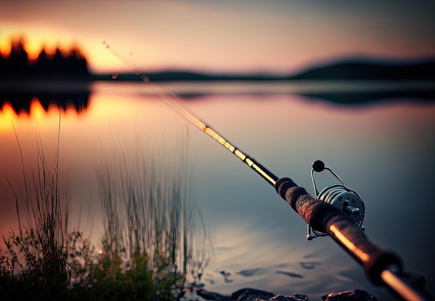 Una canna da pesca è in acqua al tramonto.