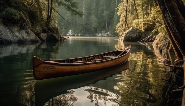 Una canoa è ormeggiata in un lago circondato da alberi e il sole splende.