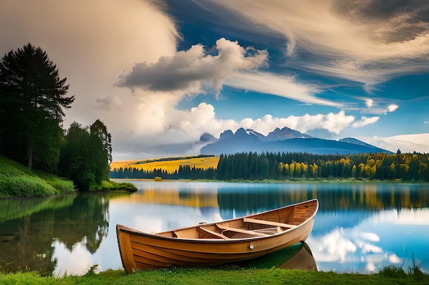 Una canoa è sul lago con uno sfondo di montagne.