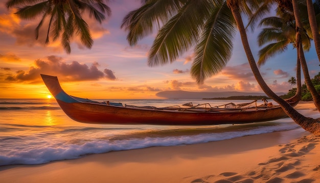 una canoa è sulla spiaggia e le palme sono sullo sfondo