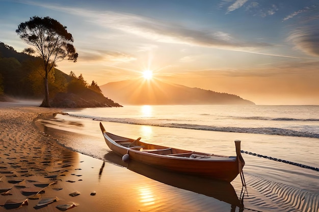 Una canoa si siede su una spiaggia al tramonto.