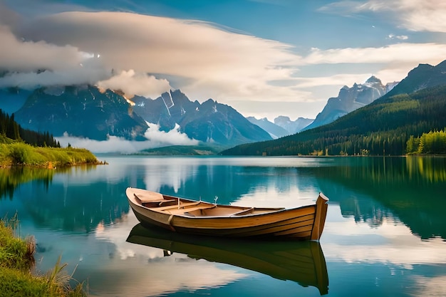 una canoa si trova su un lago con le montagne sullo sfondo.