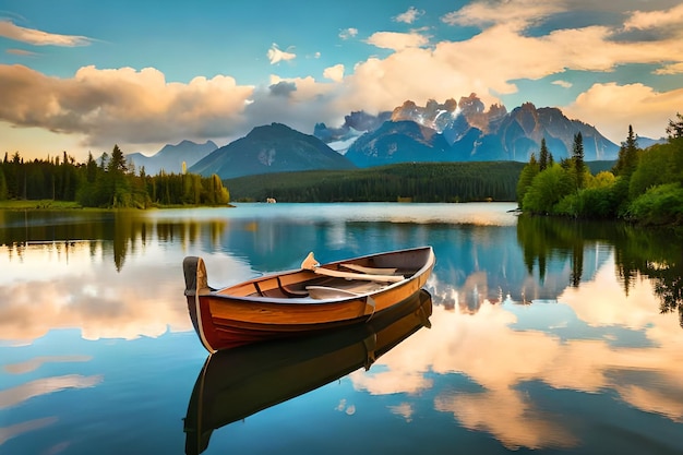 una canoa si trova su un lago con le montagne sullo sfondo.