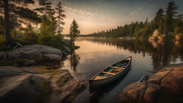 Una canoa si trova su un lago con un tramonto sullo sfondo.