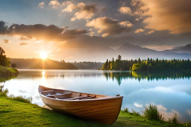 una canoa si trova sulla riva di un lago con un bellissimo tramonto sullo sfondo.