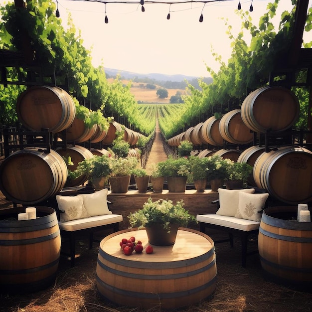 una cantina con botti di vino e mele sul tavolo.