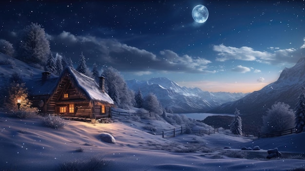 Una capanna nella neve con la luna piena sullo sfondo.