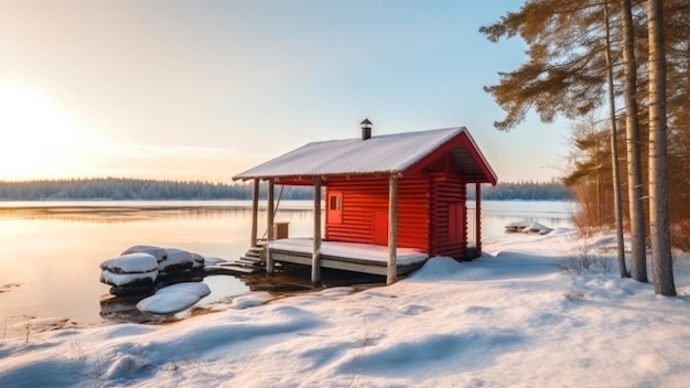 Una capanna rossa nella neve con la neve a terra e un lago sullo sfondo.
