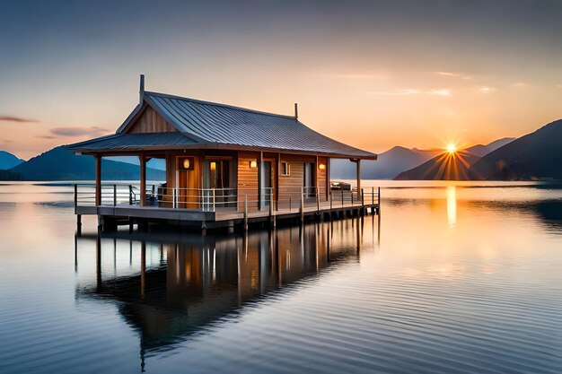 Una capanna su un lago con il sole che tramonta alle sue spalle.