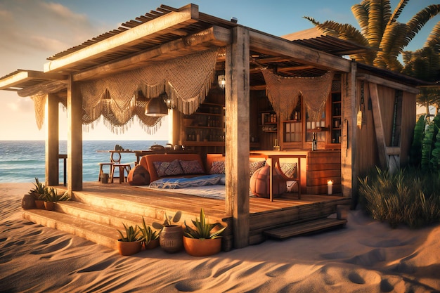 Una capanna sulla spiaggia con comodi posti a sedere e vista sull'oceano