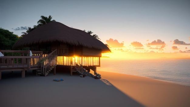 Una capanna sulla spiaggia con un tramonto sullo sfondo