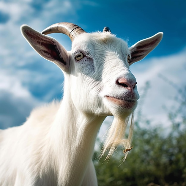 Una capra bianca con una lunga barba e un lungo corno è in piedi in un campo.