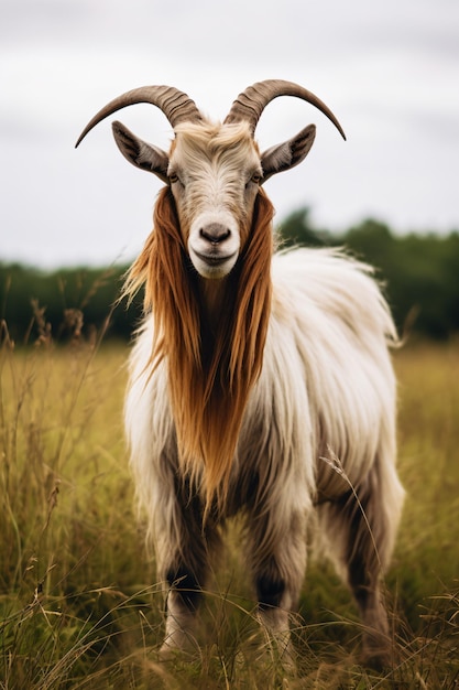 una capra con il pelo lungo in piedi in un campo