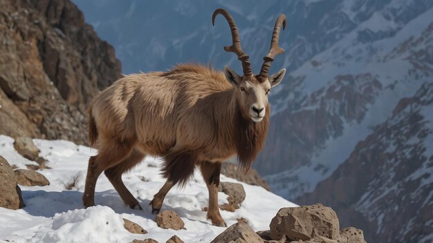 una capra con le corna in piedi su una montagna innevata