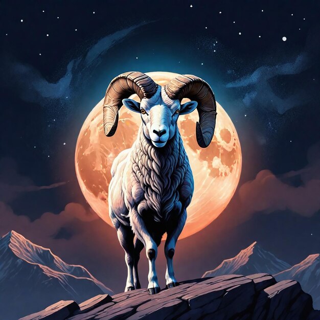 una capra con le corna in piedi su una scogliera con una luna piena sullo sfondo
