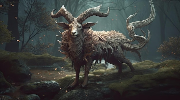 Una capra con le corna si trova su una roccia in una foresta.