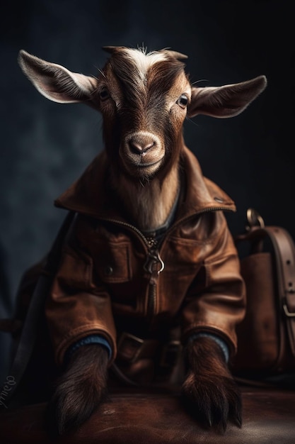 Una capra con una giacca di pelle siede su una panchina.