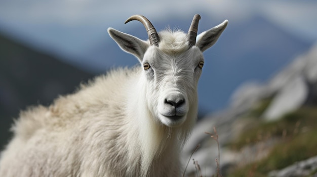 Una capra di montagna con le corna e la faccia bianca