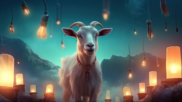 Una capra in piedi davanti a una lampada accesa con sopra la parola capra.