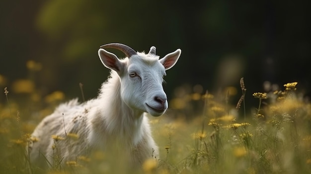 Una capra in un campo di fiori