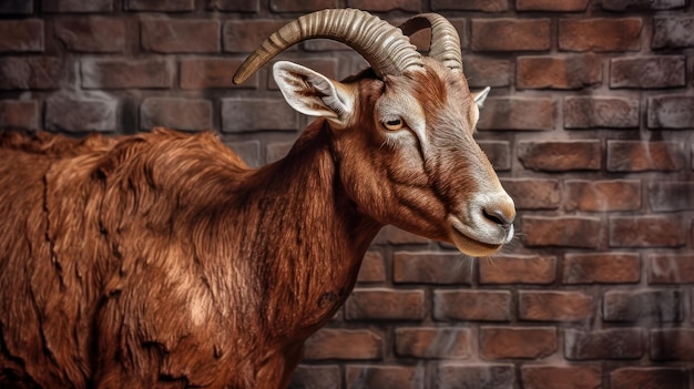 Una capra si trova davanti a un muro di mattoni.