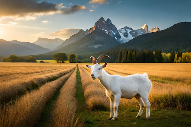 Una capra si trova in un campo con le montagne sullo sfondo.