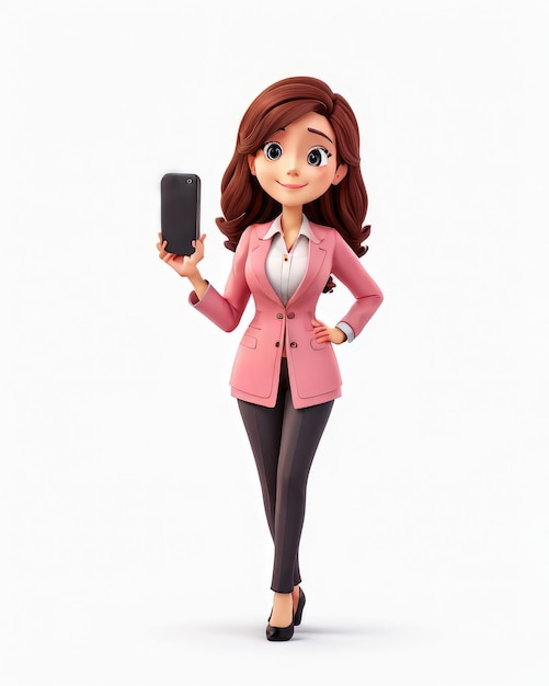 Una carina donna d'affari che tiene in mano un'icona del concetto di business dello smartphone su sfondo bianco
