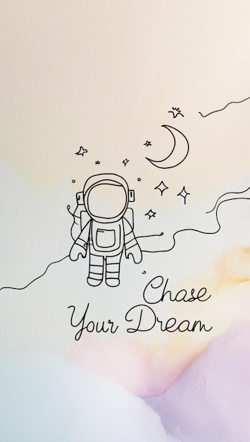 Una carina illustrazione di Doodle di un astronauta con parole di motivazione su uno sfondo pastello e acquerello