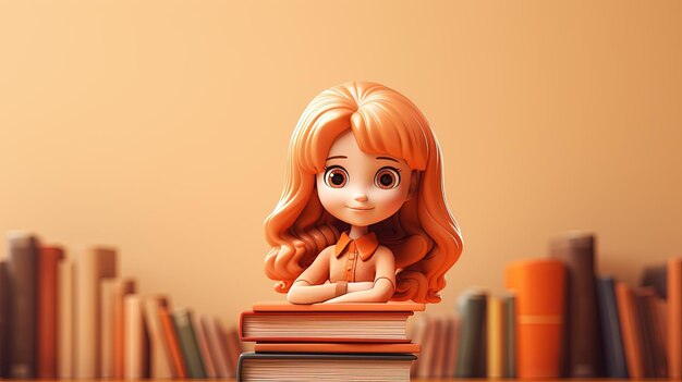 Una carina modellazione 3D di una ragazza e un mucchio di libri