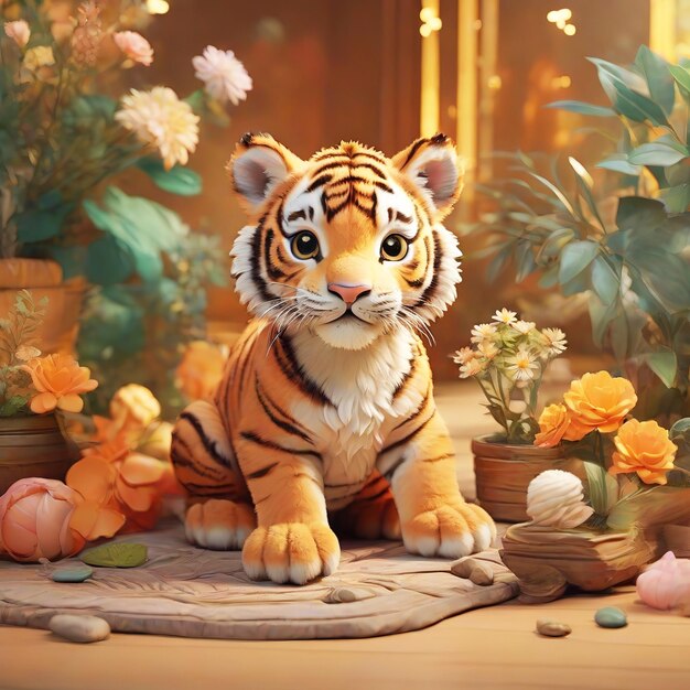 Una carina prima vista di una tigre con dei fiori sullo sfondo