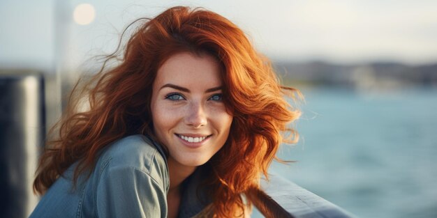 Una carina ragazza dai capelli rossi con un bel sorriso posa vicino alla costa sul molo ritratto in primo piano AI generativa