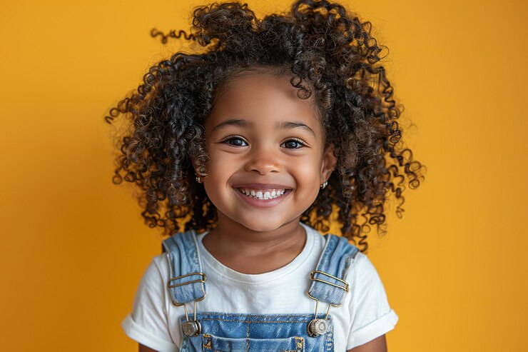 Una carina ragazzina afroamericana con i capelli ricci che indossa una tuta e una maglietta bianca che sorride