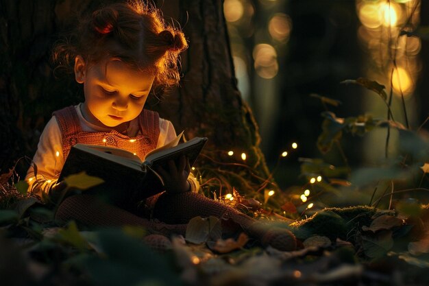 Una carina ragazzina rossa che legge un libro con luci magiche nel bosco delle fate.