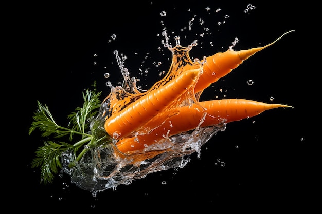 Una carota arancione che cade nell'acqua sullo sfondo nero