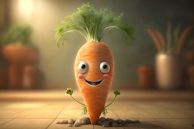 Una carota cartone animato con una parte superiore verde e una parte superiore verde.