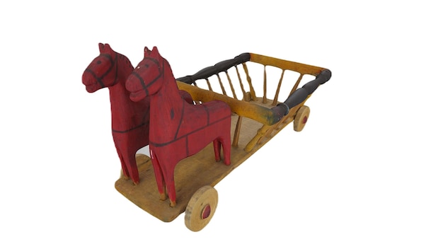 Una carrozza trainata da cavalli in legno con due cavalli rossi sul davanti.