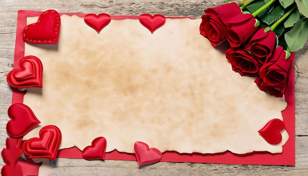 Una carta a forma di cuore rosso con una coccarda rossa e una cornice con rose rosse su di essa