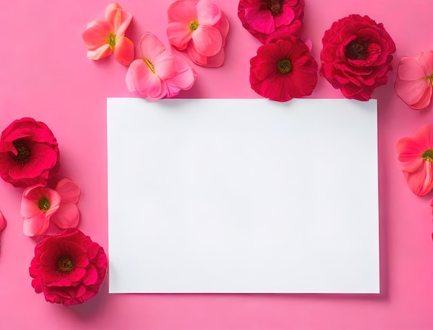 Una carta bianca con fiori rosa su sfondo rosa.