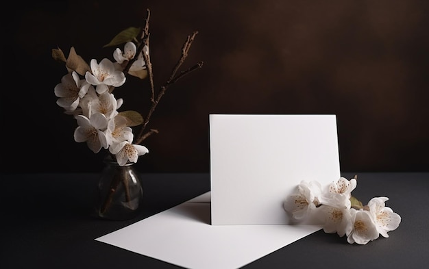 Una carta bianca si trova accanto a un vaso di fiori e un vaso di fiori.